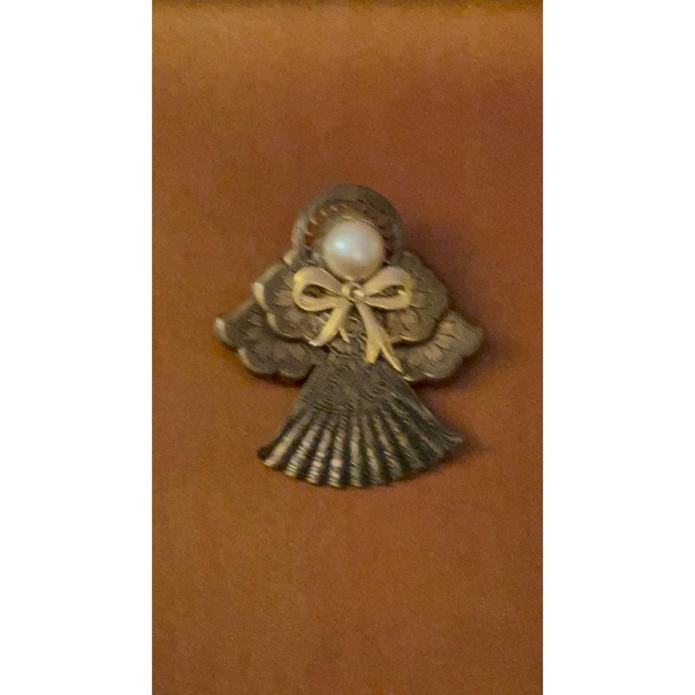 Vintage Antiqued Bronze Angel Brooch Faux Pearl Gold Tone Bow Filigree Pin